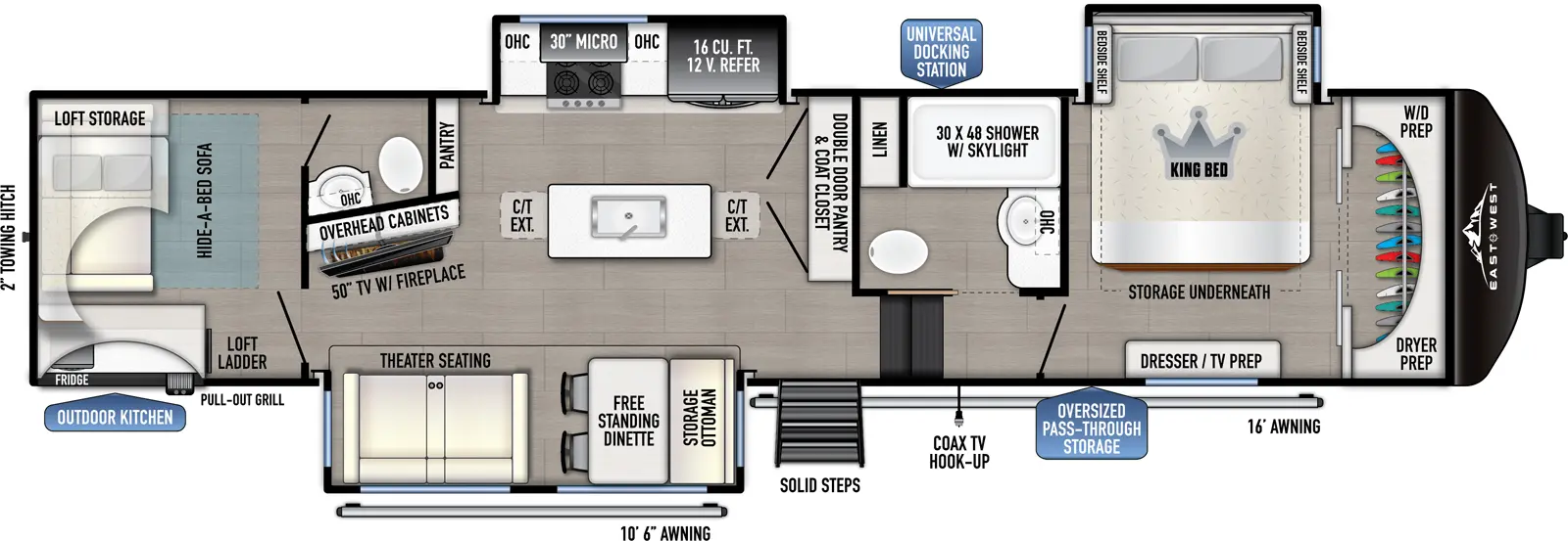 The 3700BH-OK has 3 slideouts and one entry. Exterior features an oversized pass through storage, universal docking station, MORryde steps, coax TV hookup, 10 foot 6 inch awning and 16 foot awning, outdoor kitchen with pull-out grill and refrigerator, and 2 inch towing hitch. Interior layout front to back: front closet with washer/dryer prep, off-door side king bed slideout with storage underneath, and door side dresser with TV prep; off-door side full bathroom with overhead cabinet, linen closet, and shower with skylight; steps down to main living area and entry; double door pantry and coat closet along inner wall; off-door side slideout with 12V refrigerator, overhead cabinet, microwave, and cooktop, and pantry along inner wall; kitchen island with sink and extensions; door side slideout with free-standing dinette with storage ottoman, and theater seating; angled inner wall with overhead cabinets and TV with fireplace; rear bunk room with half bathroom and loft bed and storage above rear hide-a-bed sofa.
